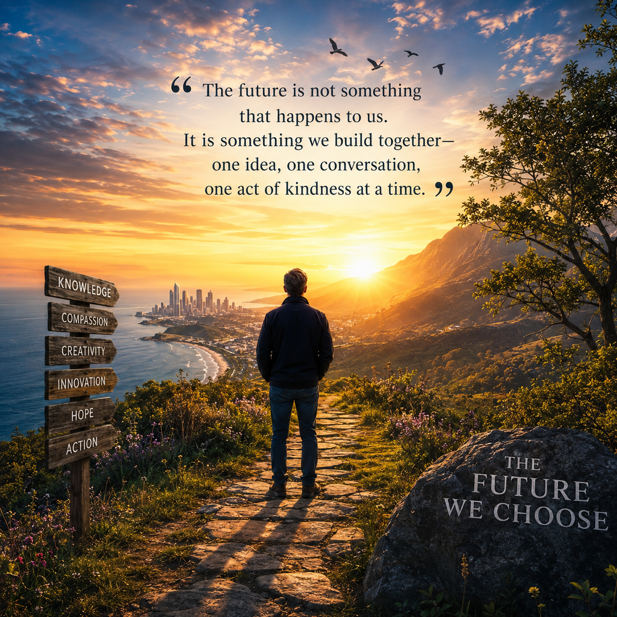 A path toward a hopeful future shaped by knowledge, compassion, creativity, technology, hope, and action