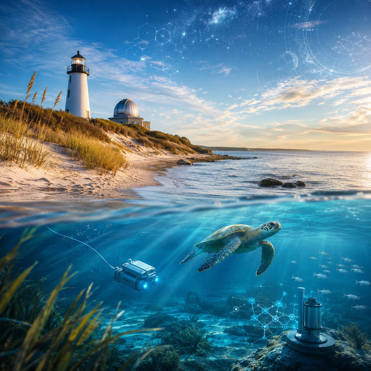 Cape Cod science illustration with lighthouse, observatory, ocean life, and marine technology