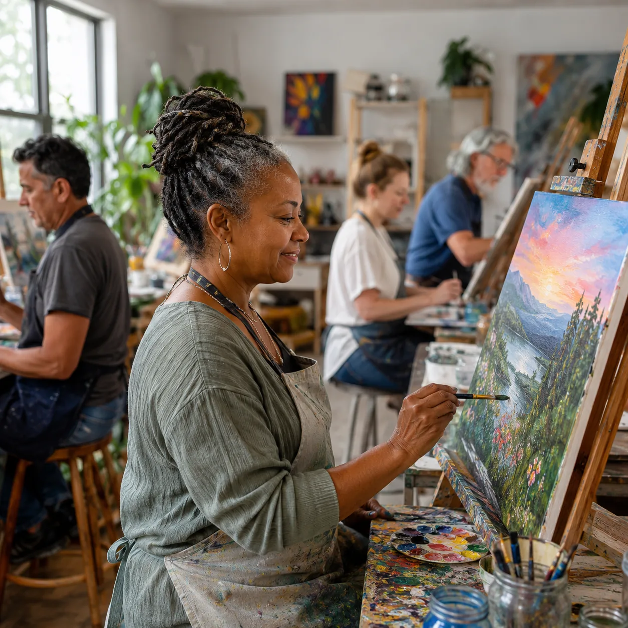 Artists painting in a studio