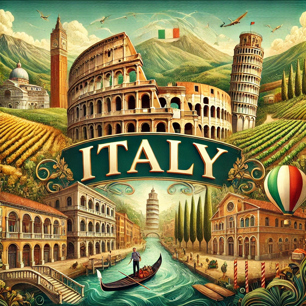 Illustrated travel poster for Italy