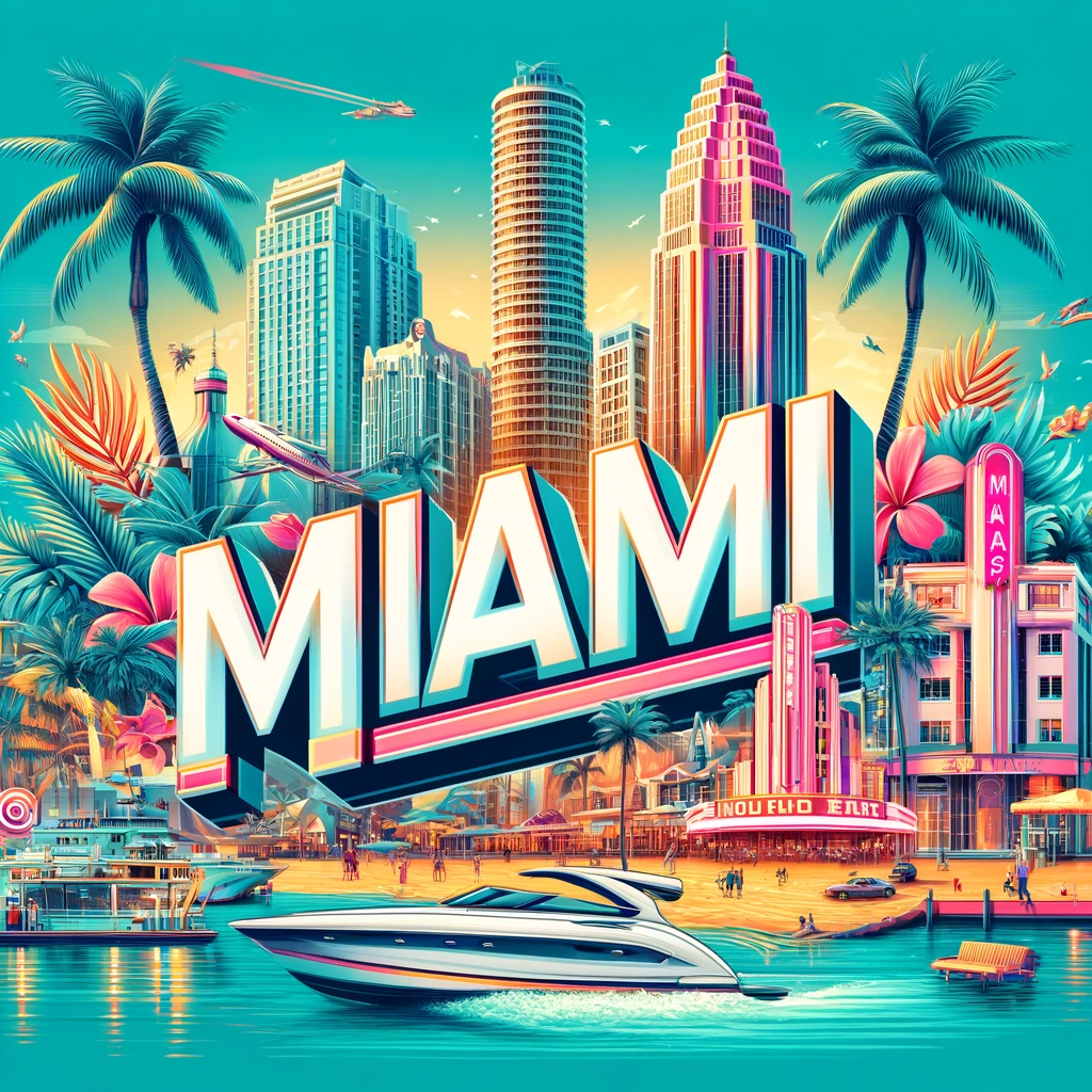 Illustrated travel poster for Miami & Florida